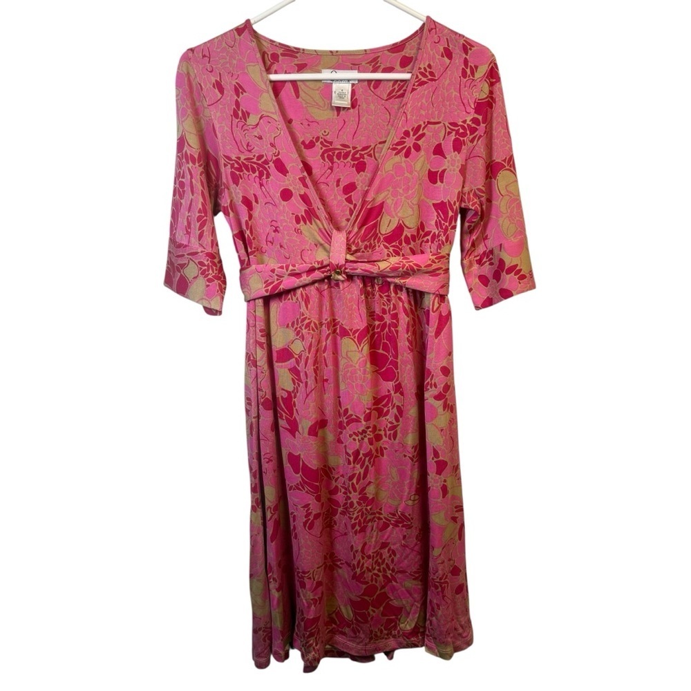 Lilly Pulitzer Vintage Silk Jersey Knee Length Dress Pink Red Floral Print